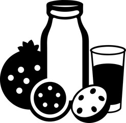 Milk and cookies for Santa silhouette  vector black , white background