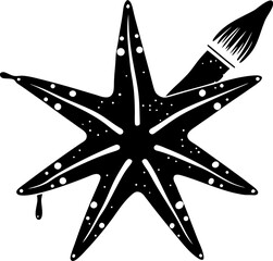 Starfish painting with brushes in each arm. silhouette vector black , white background 