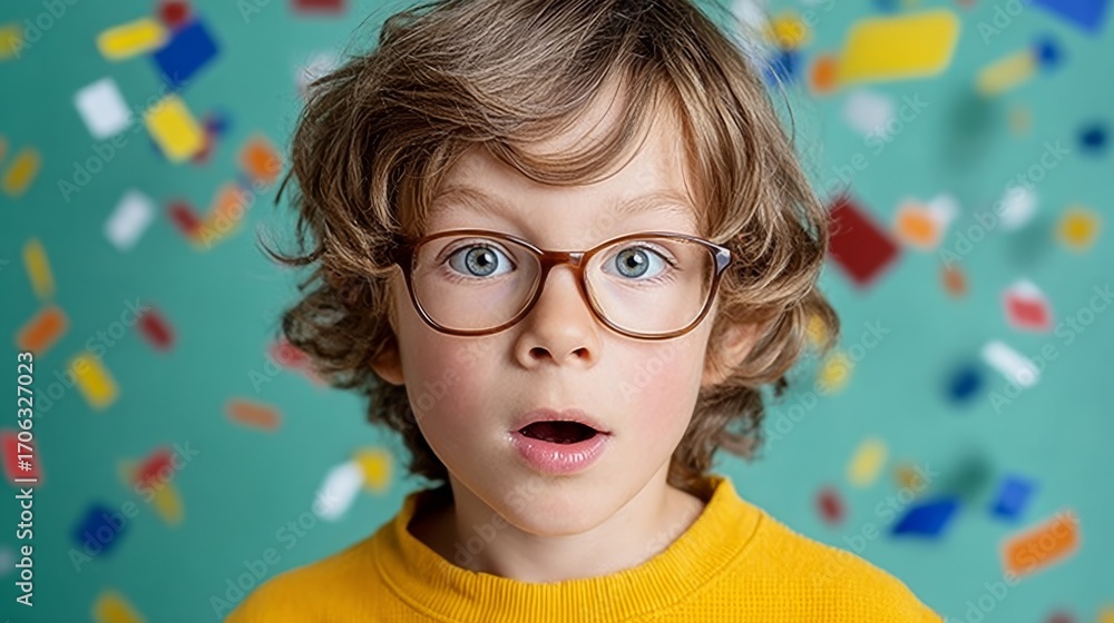 Poster young boy with glasses is looking surprised. the image has a colorful background with many different