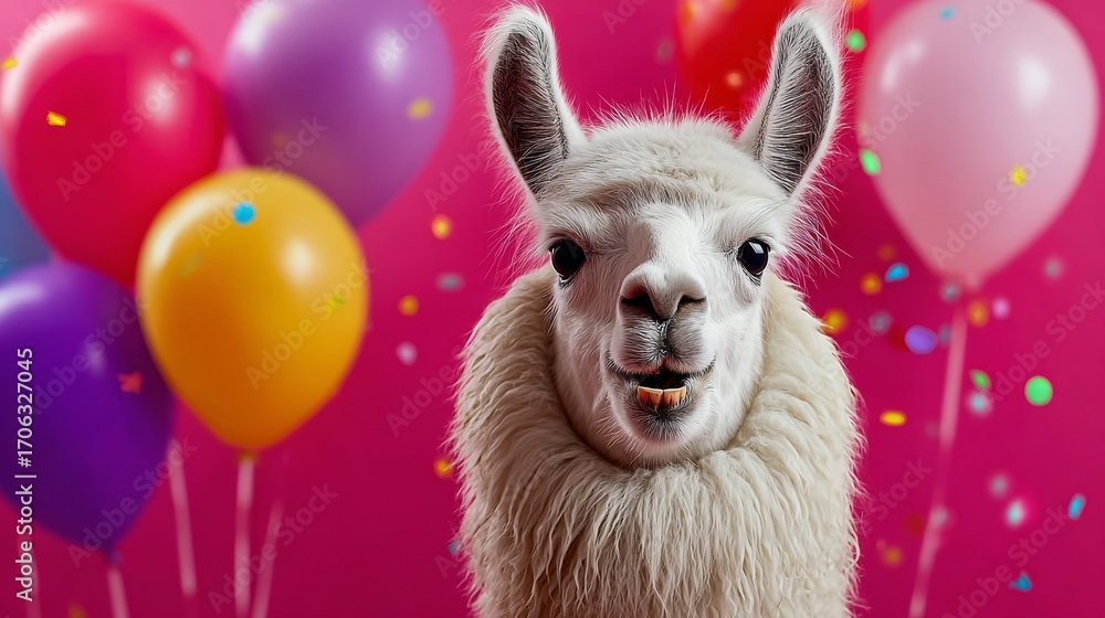 Poster white llama is standing in front of a bunch of colorful balloons. the balloons are scattered around 