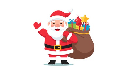 Illustration of santa claus waving with a sack full of gifts and christmas items