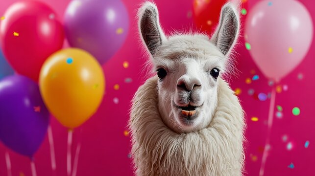 White llama is standing in front of a bunch of colorful balloons. The balloons are scattered around the llama, creating a festive and joyful atmosphere. The llama appears to be happy and excited - Powered by Adobe