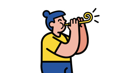 Person with blue hair blowing a yellow party horn with sound waves around it