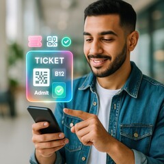 Digital ticket confirmation urban setting smartphone interaction contemporary environment close-up view tech convenience