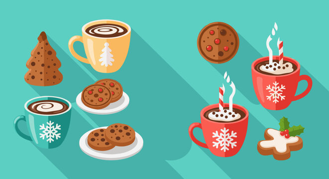 A festive arrangement of hot cocoa mugs and cookies on a teal background scene