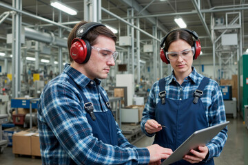 man and woman wearing protective headphones and safety glasses working together using digital tablet in industrial factory setting