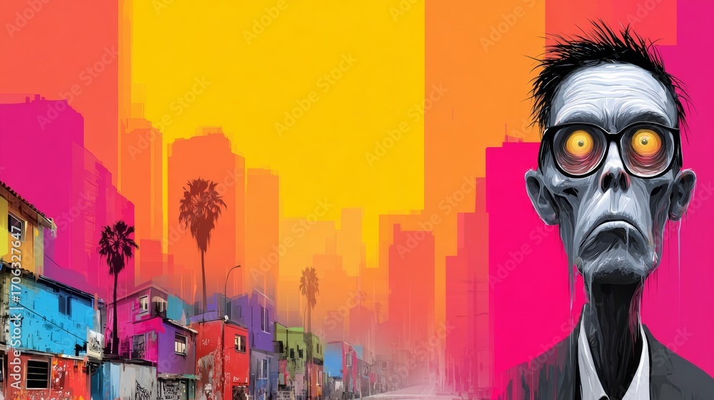 Poster man with glasses and a zombie look on his face is staring at the camera. the background features a c