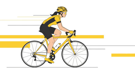 Fototapeta premium Woman Cyclist Racing At High Speed, Yellow Bike And Apparel, Energetic Illustration