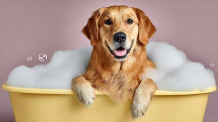 Dog is in a bathtub with bubbles. The dog is smiling and he is enjoying the bath