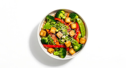 Vegetarian Asian Bowl, Packed with Fresh Vegetables and Tofu, Isolated on White
