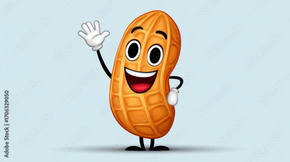 Poster cartoon character made to look like a peanut is waving. the character is smiling and has a happy exp