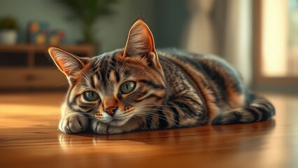 A beautifully detailed tabby cat lounging on a wooden floor in a cozy indoor setting.