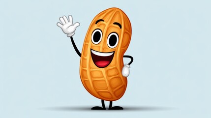 Cartoon character made to look like a peanut is waving. The character is smiling and has a happy expression