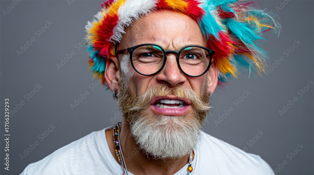 Poster man with a beard and glasses is wearing a colorful hat and has his mouth open. he looks like he is i