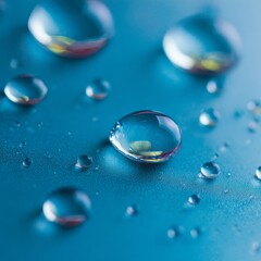 Macro Photo Of Water Drops On Blue Surface, In The Style Of Minimalism, Bright Colors, And Clean Lines