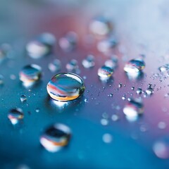 Macro Photo Of Water Drops On Blue Surface, In The Style Of Minimalism, Bright Colors, And Clean Lines