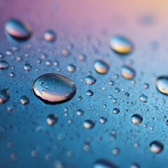 Macro Photo Of Water Drops On Blue Surface, In The Style Of Minimalism, Bright Colors, And Clean Lines