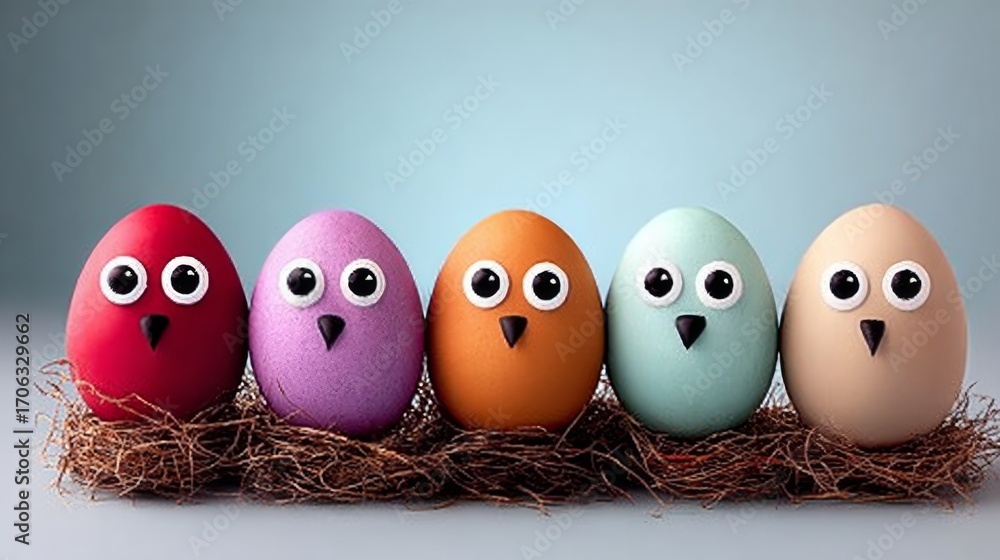 Aufkleber row of colorful eggs with black eyes are arranged on a bed of straw. the eggs are of different color