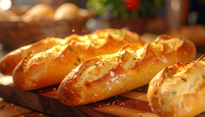 Freshly baked baguettes on a wooden board