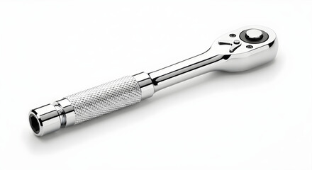 High-quality chrome ratchet wrench with knurled handle for secure grip, designed for tightening and loosening bolts and nuts in automotive, mechanical, and construction applications.

