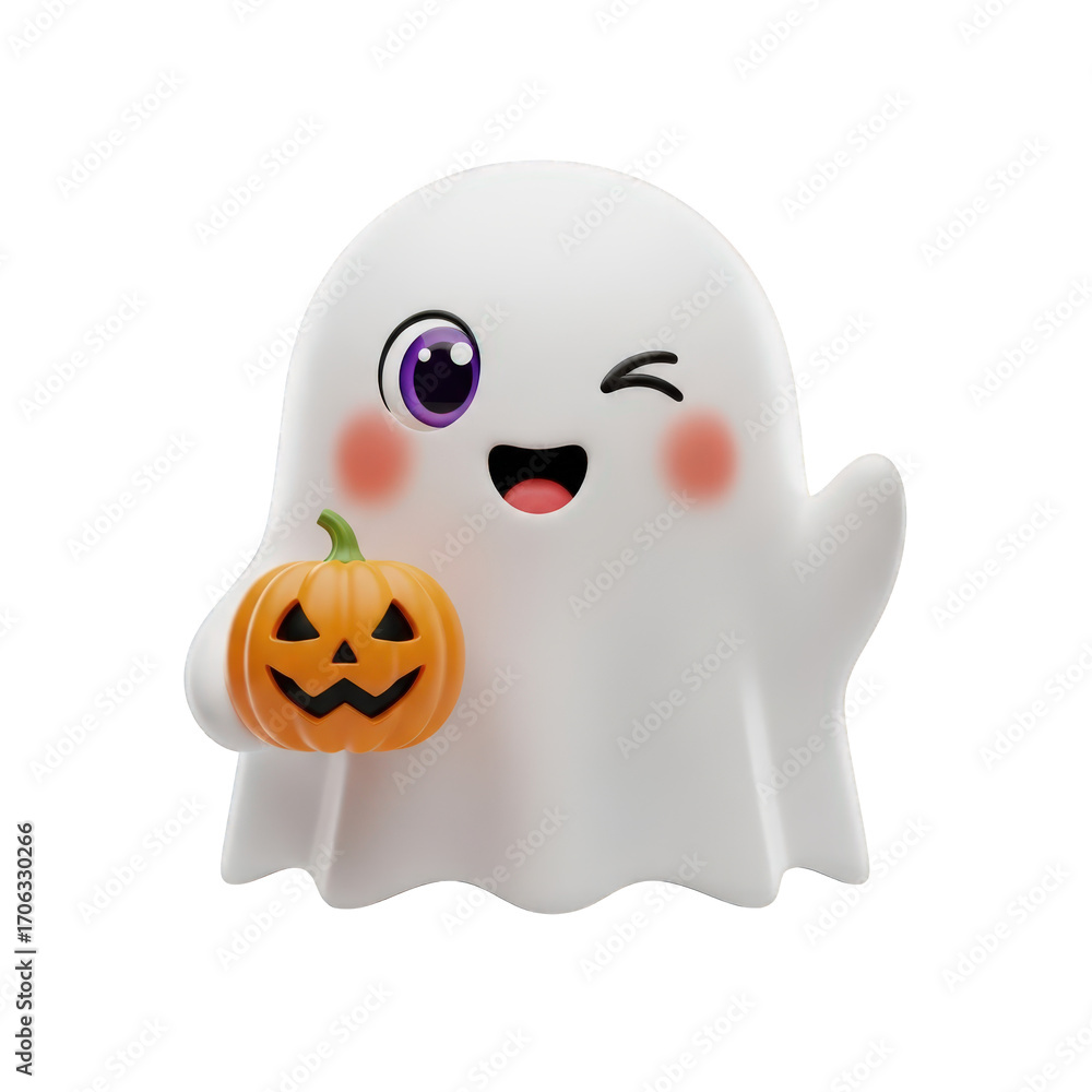 Poster joyful ghost character holding a pumpkin with a playful wink and a cheerful smile for halloween on a