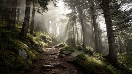 Obraz premium Mystical forest path with sunbeams filtering through the canopy creating a magical atmosphere