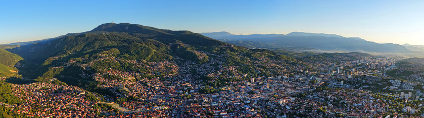 Wide panoramic aerial view of Sarajevo with Trebevic mountain