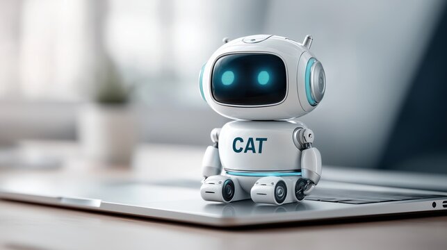 Cute small robot with blue glowing eyes sitting on laptop desk designed like futuristic toy pet with friendly look, Generative AI