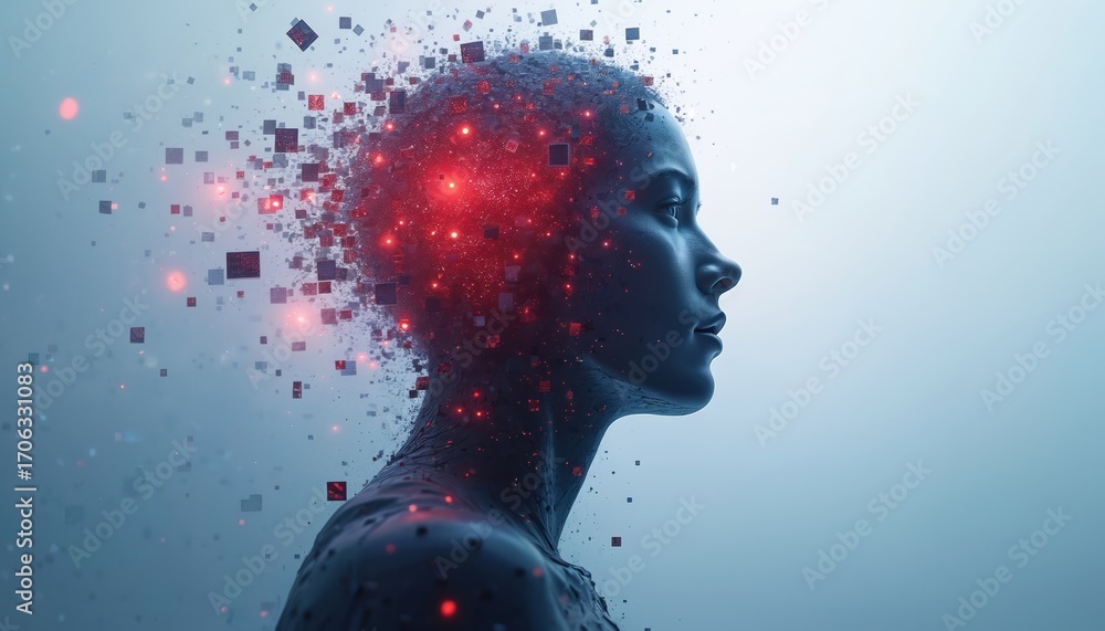 Poster futuristic illustration of human head profile with neon pixel blocks exploding from brain. moody neg