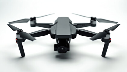 Modern drone with camera, intricate mechanics, on white background. Advanced technology for aerial photography, surveillance, delivery. Futuristic device, electric power, engineering marvel.