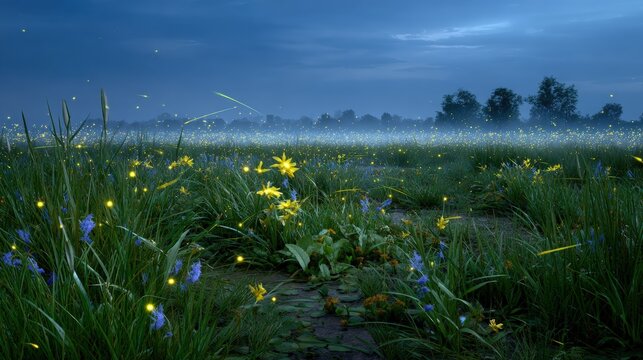 Enchanting Meadow at Dusk with Fireflies and Wildflowers