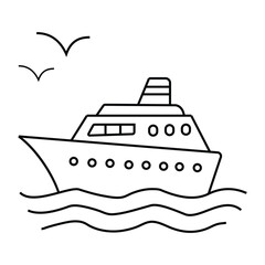 Fototapeta premium Simple Line Art Cruise Ship Sailing on Waves with Birds