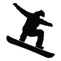 Dynamic silhouette of a snowboarder performing a jump and trick on snowboard silhouette