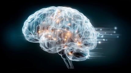 digital brain with glowing circuits and neural network connections symbolizing artificial intelligence data processing and advanced technology, Generative AI