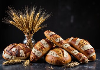 Assorted artisan breads with wheat stalks on rustic table against dark background