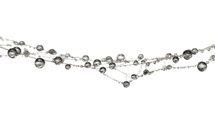 Dew covered spider web strand section on white background