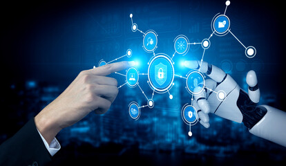 A human hand and a robotic hand reaching towards digital security icons, representing the collaboration between humans and technology in the cyber world. Tessel