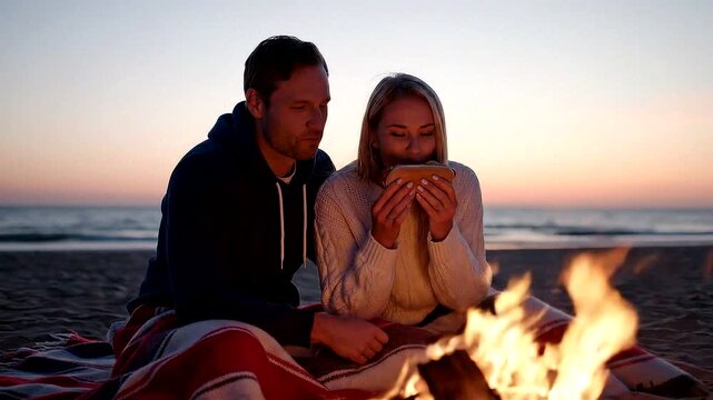 Cozy moments shared by a couple by the beach, enjoying food and warmth around a fire at sunset.