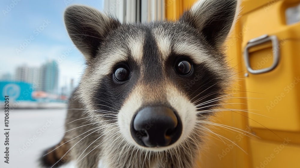Poster raccoon with a yellow container behind it. the raccoon is looking at the camera. the container is ye