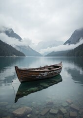 Wooden boat on serene mountain lake with foggy peaks and reflective waters