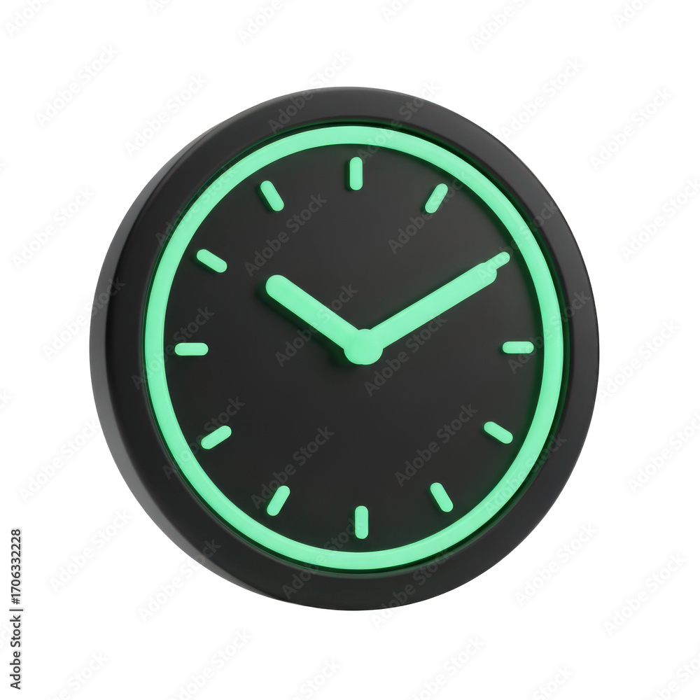 Poster modern 3d rendering of a black circular clock with a teal face and hands on a transparent background