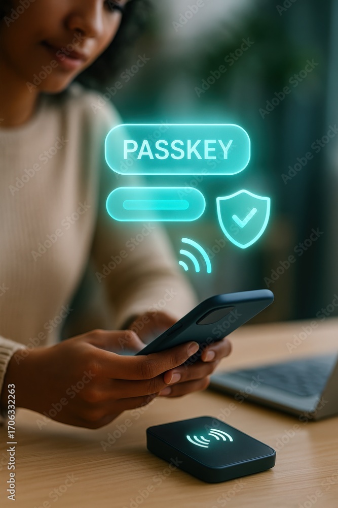 Poster securing digital access user engaging with passkey technology for mobile devices at home office mode