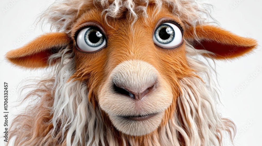 Poster cartoon sheep with big eyes and a fuzzy face. the sheep is looking at the camera and he is smiling