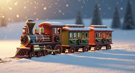 Christmas day a festive toy train chugs through a snowy winter wonderland, its colorful cars adorned with holiday cheer, evoking a sense of nostalgia and joy