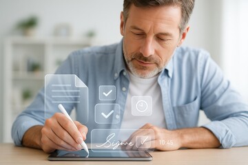 Digital signing action by a professional home office setting tablet use modern environment focused viewpoint productivity concept