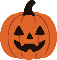a classic Halloween jack-o'-lantern pumpkin with a carved face, triangular eyes, and a wide smiling mouth, featuring a black stem on top.