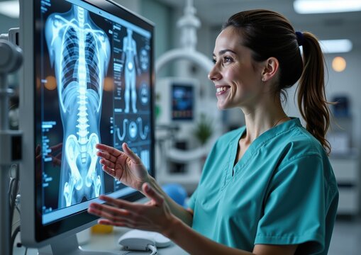 Female caucasian medical professional reviewing x-ray images in a modern hospital setting