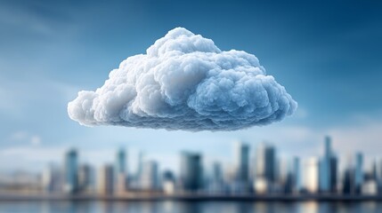 Floating fluffy cloud above modern urban skyline symbolizing cloud computing data storage technology concept and futuristic digital network design, Generative AI