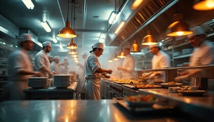Busy restaurant kitchen with chefs working quickly. Chefs prepare food with energy, focus in dynamic, fast-paced environment. Teamwork evident as cooks collaborate on meals, plates stacked high,
