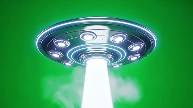 Unidentified flying object emitting light beam on green screen background